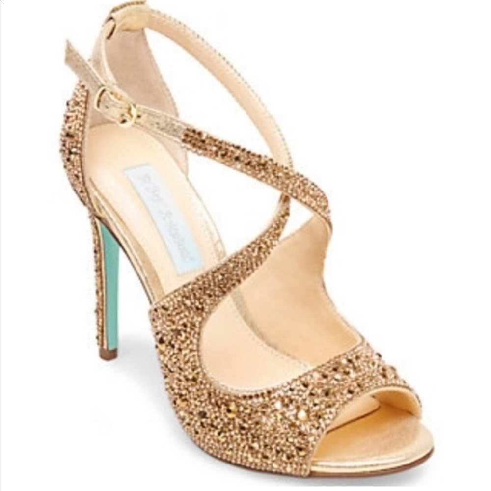Betsey Johnson gold rhinestone heels sage peep toe 11